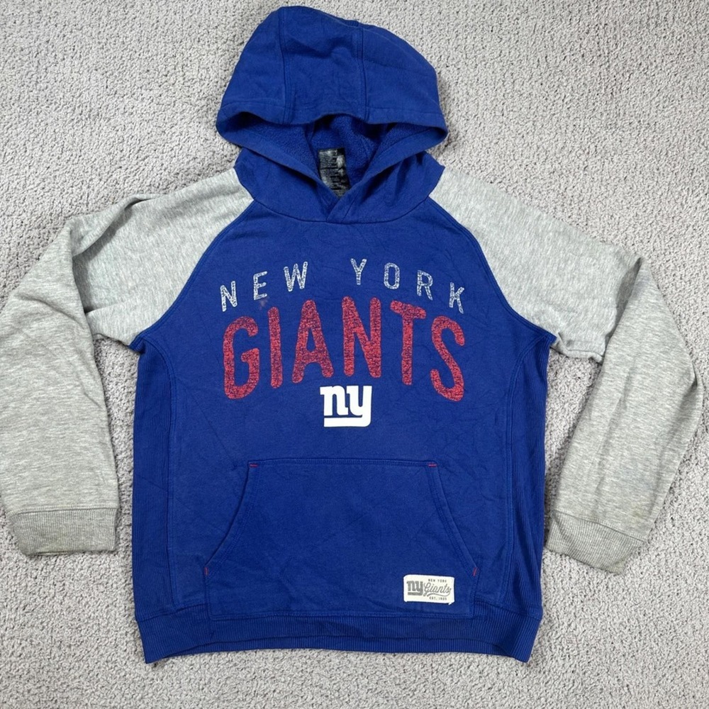 NFL Team Apparel Youth New York Giants Blue Grey Raglan Hoodie Size M 10/12